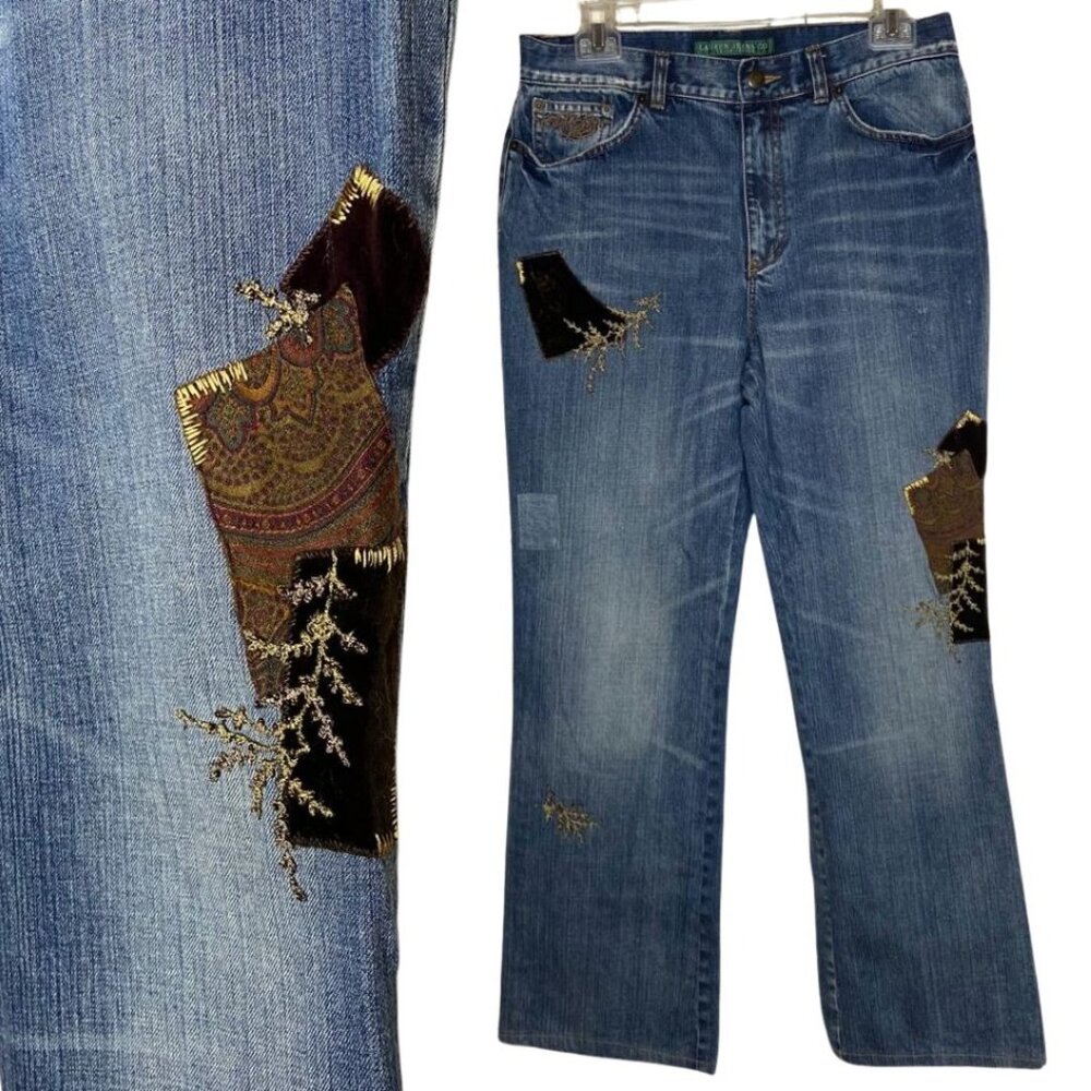Vintage LRL Ralph Lauren Velvet Paisley Embellished Patchwork Straight Jeans 8